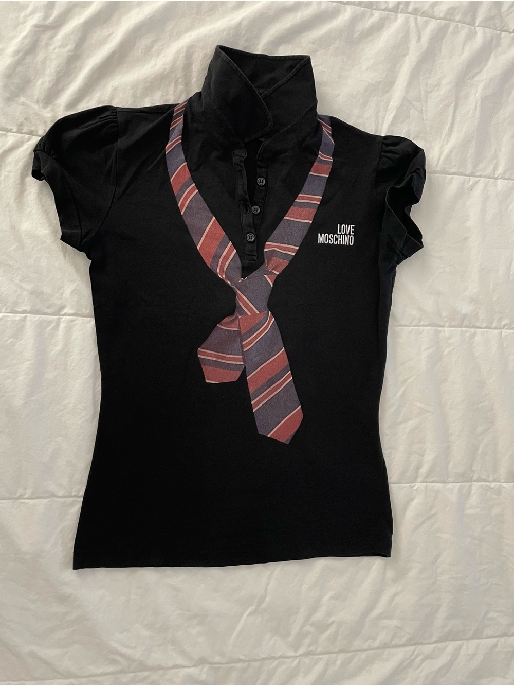 Love Moschino Black Polo Tee with Printed Striped Tie